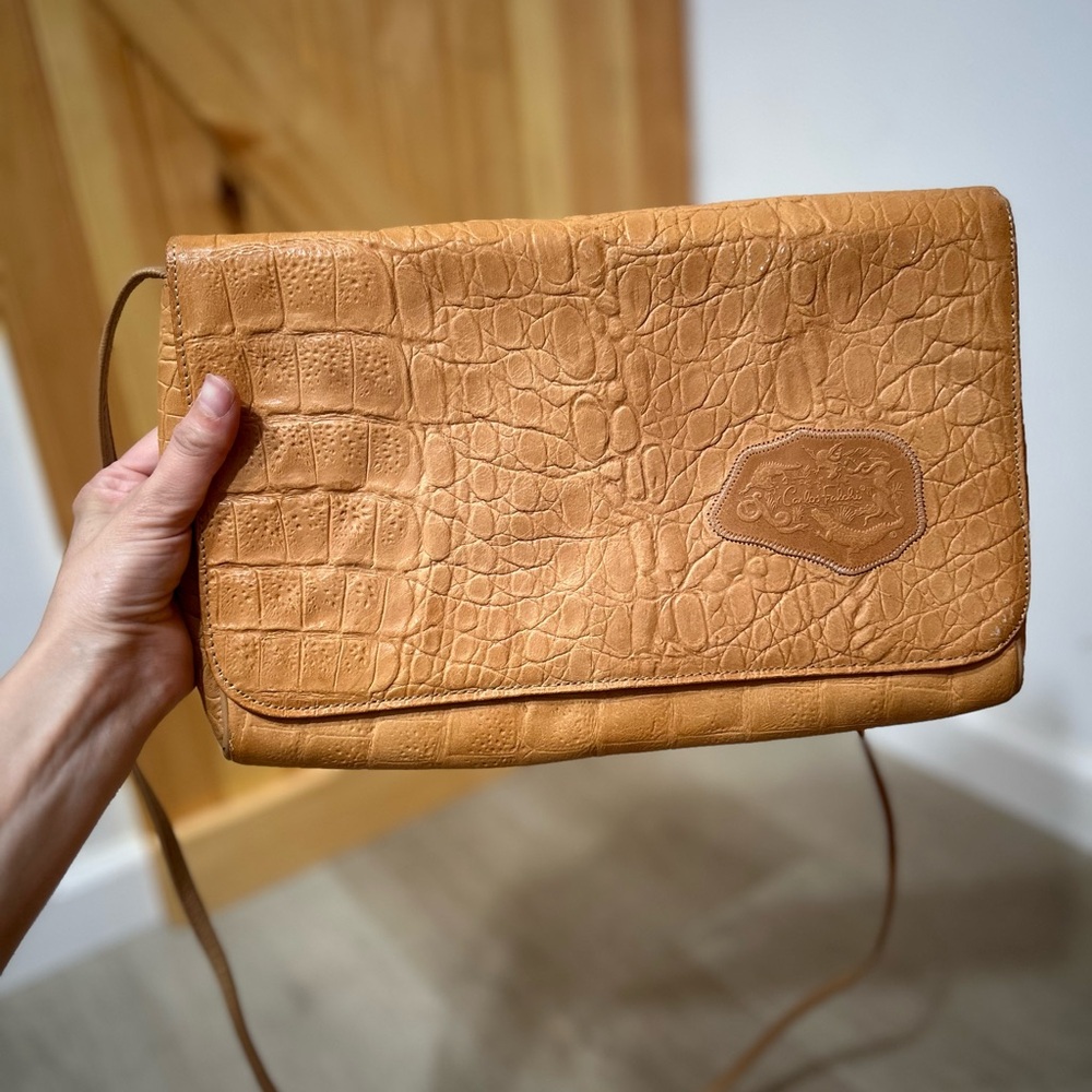 Vintage Carlos Falchi 80’s Tan Croc Embossed Leather Crossbody Bag